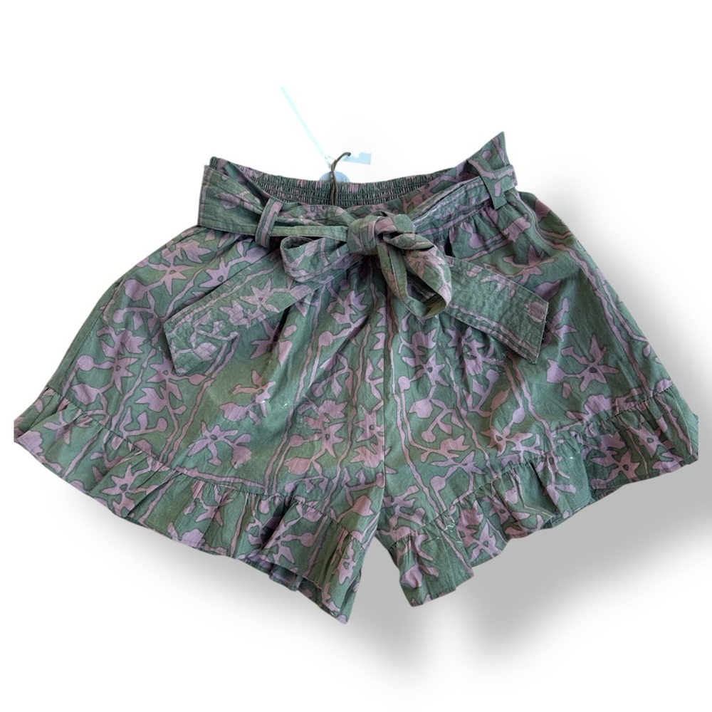 Cleobella SHORTS handmade process ruffle elastic belted Green Pink Floral S /‎ M
